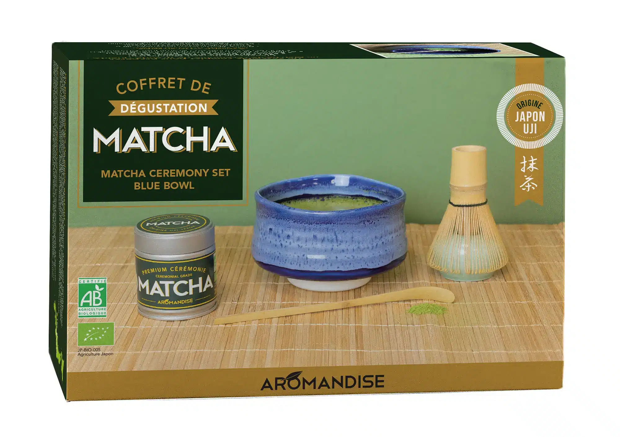 Matcha ceremoni-sæt (skål, matcha, ske, piskeris) - øko